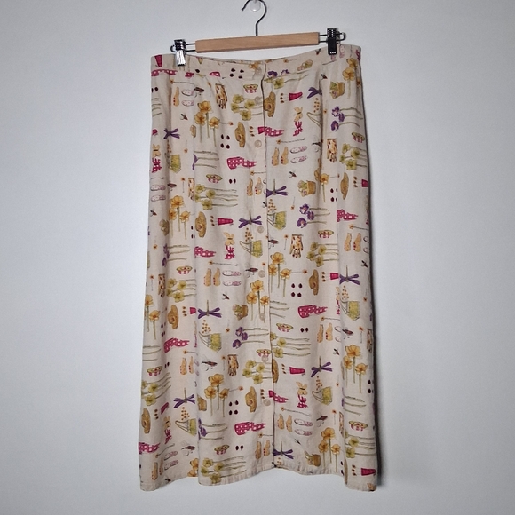 Vintage Dresses & Skirts - Vintage Skirt Printed Gardening Theme Linen blend Summer Retro
